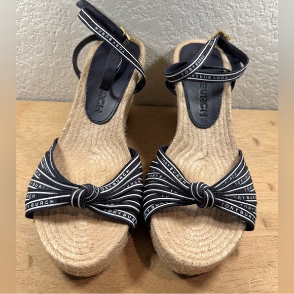 NEW Tory Burch Tory Ribbon Strappy 90mm Wedge Espadrille Sandal Navy & Tan Sz 6 - Picture 5 of 16